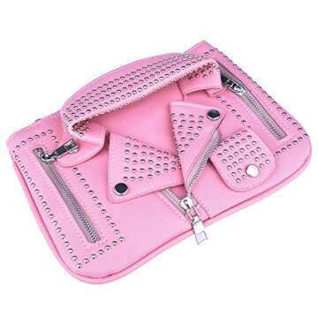 QZUnique Motorcycle Jacket Shoulderbag PU Leather Handbag Punk Style Crossbody Bag Rivet Purse Lapel Collar Bag with Chain Pink