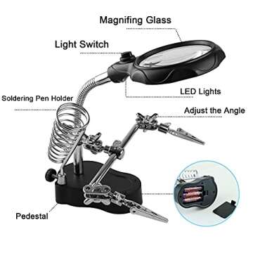 Vludiss Helping Hands Magnifying Glass Soldering Station, LED Lighted 3.5X 12X Magnifier with Auxiliary Clips Alligator Clamp for Miniatures Projects,Model Making, Soldering