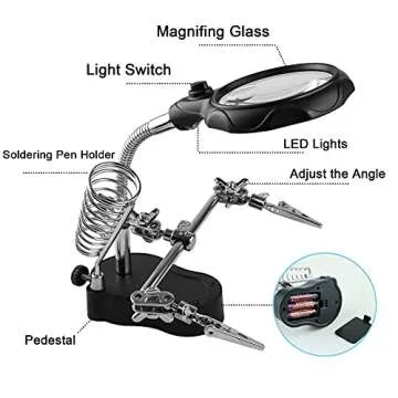 Vludiss Helping Hands Magnifying Glass Soldering Station, LED Lighted 3.5X 12X Magnifier with Auxiliary Clips Alligator Clamp for Miniatures Projects,Model Making, Soldering