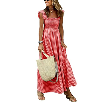 Chouyatou Women's Retro Plaid Smocked Dress - Stylish Spaghetti Strap Flounce Dress