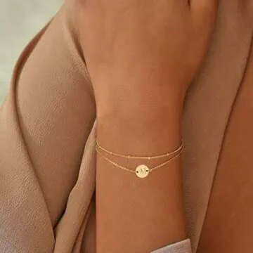 JNZSSWHJJH Valentines Day Gifts for Teens - Gold Bracelets for Women Teen Girls, 18K Gold Plated Initial S Bracelet Teen Girl Gifts Dainty Disc Initial Bracelets for Women Kids Valentines Day Gifts