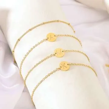 JNZSSWHJJH Valentines Day Gifts for Teens - Gold Bracelets for Women Teen Girls, 18K Gold Plated Initial S Bracelet Teen Girl Gifts Dainty Disc Initial Bracelets for Women Kids Valentines Day Gifts