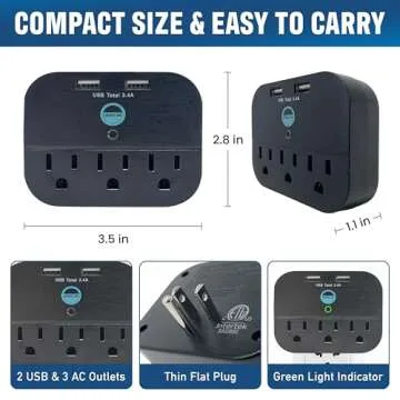Cruise Approved Power Strip - Non Surge Protector Travel Power Strip with 2 USB Outlets - Cruise Ship Essentials 2025 for Carnival, Princess, Norwegian, Holland America, MSC & Major Lines (Black)