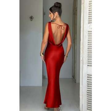 Memoriesea Women's Satin Elegant Sleeveless High Neck Tie Cocktail Party Maxi Dress Red