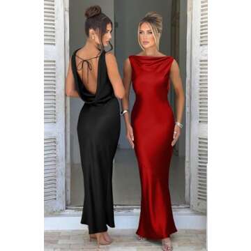Memoriesea Women's Satin Elegant Sleeveless High Neck Tie Cocktail Party Maxi Dress Red
