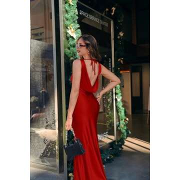 Memoriesea Women's Satin Elegant Sleeveless High Neck Tie Cocktail Party Maxi Dress Red
