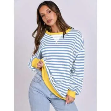 ANRABESS Women Striped Oversized Sweatshirt Long Sleeve Crewneck Shirts 2025 Fall Fashion Pullover Sweater Trendy Clothes Bule White Medium