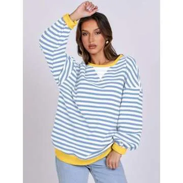 ANRABESS Women Striped Oversized Sweatshirt Long Sleeve Crewneck Shirts 2025 Fall Fashion Pullover Sweater Trendy Clothes Bule White Medium