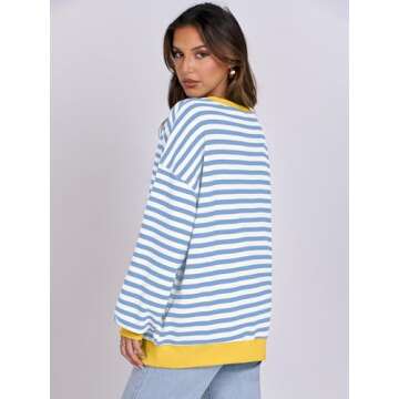 ANRABESS Women Striped Oversized Sweatshirt Long Sleeve Crewneck Shirts 2025 Fall Fashion Pullover Sweater Trendy Clothes Bule White Medium