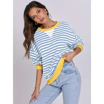 ANRABESS Women Striped Oversized Sweatshirt Long Sleeve Crewneck Shirts 2025 Fall Fashion Pullover Sweater Trendy Clothes Bule White Medium