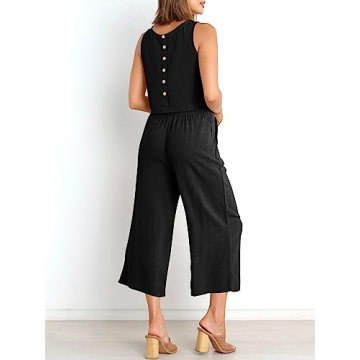 ANRABESS Women's Summer 2 Piece Outfits Sleeveless Crop Top Capri Wide Leg Pants Jumpsuit Casual Linen Lounge Matching Sets Beach Travel 2024 Trendy Clothes Black Small