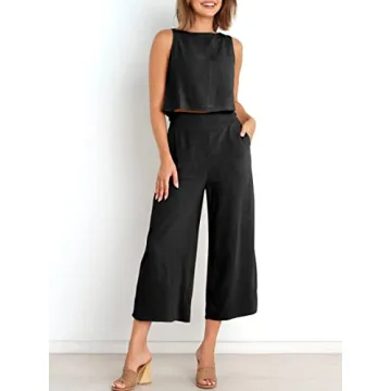 ANRABESS Women's Summer 2 Piece Outfits Sleeveless Crop Top Capri Wide Leg Pants Jumpsuit Casual Linen Lounge Matching Sets Beach Travel 2024 Trendy Clothes Black Small