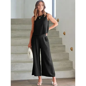 ANRABESS Women's Summer 2 Piece Outfits Sleeveless Crop Top Capri Wide Leg Pants Jumpsuit Casual Linen Lounge Matching Sets Beach Travel 2024 Trendy Clothes Black Small