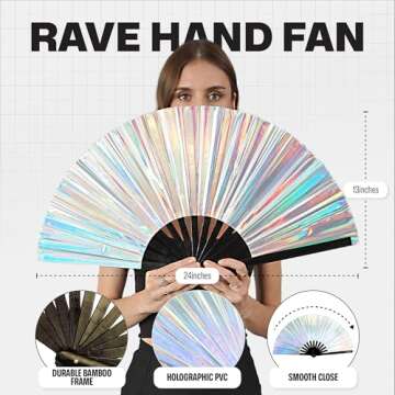 SoJourner Bags Holographic Silver Rave Fan - Large Folding Clack Fan for Men and Women - Rave Access...