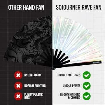 SoJourner Bags Holographic Silver Rave Fan - Large Folding Clack Fan for Men and Women - Rave Accessories for EDM, Line Dancing, Cosplay, Concerts and More