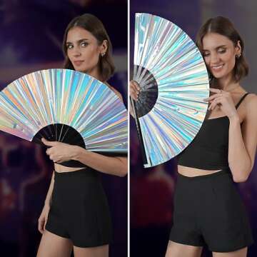 SoJourner Bags Holographic Silver Rave Fan - Large Folding Clack Fan for Men and Women - Rave Accessories for EDM, Line Dancing, Cosplay, Concerts and More