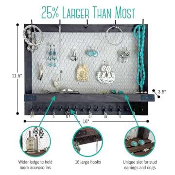 OUTSHINE Large Farmhouse Wall Jewelry Organizer (Espresso) | Wall Organizer For Earrings, Necklace, ...