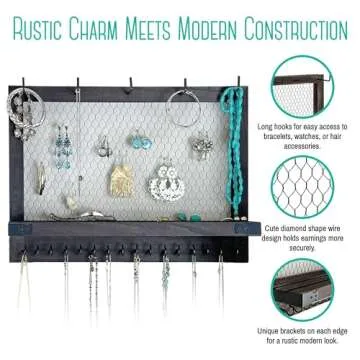 OUTSHINE Large Farmhouse Wall Jewelry Organizer (Espresso) | Wall Organizer For Earrings, Necklace, Bracelet, Hair Accessories | Chicken Wire Earring Holder | For Women, Wife, Mom, Girlfriend
