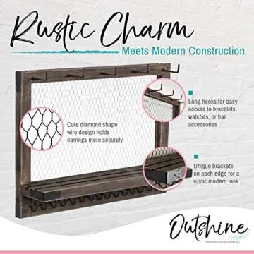OUTSHINE Large Farmhouse Wall Jewelry Organizer (Espresso) | Wall Organizer For Earrings, Necklace, Bracelet, Hair Accessories | Chicken Wire Earring Holder | For Women, Wife, Mom, Girlfriend
