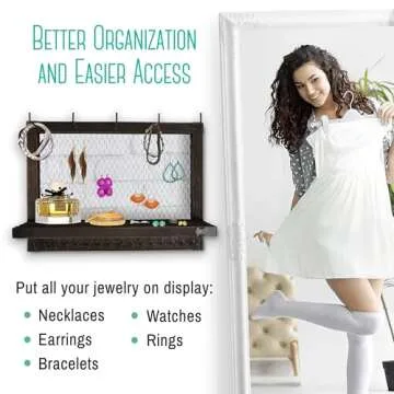 OUTSHINE Large Farmhouse Wall Jewelry Organizer (Espresso) | Wall Organizer For Earrings, Necklace, Bracelet, Hair Accessories | Chicken Wire Earring Holder | For Women, Wife, Mom, Girlfriend