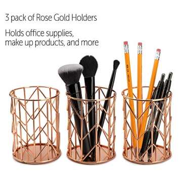 Rose Gold Pencil Holder Set of 3 - Sturdy Metal Rose Gold Pen Holder for Dorm & Office - Women's Des...