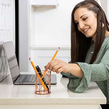 Rose Gold Pencil Holder Set of 3 - Sturdy Metal Rose Gold Pen Holder for Dorm & Office - Women's Desk Organizer Rose Gold Doubles as Makeup Brush Holder