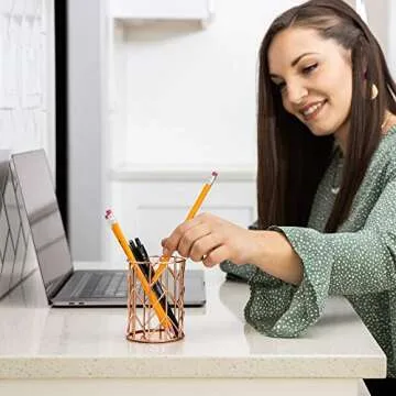 Rose Gold Pencil Holder Set of 3 - Sturdy Metal Rose Gold Pen Holder for Dorm & Office - Women's Desk Organizer Rose Gold Doubles as Makeup Brush Holder