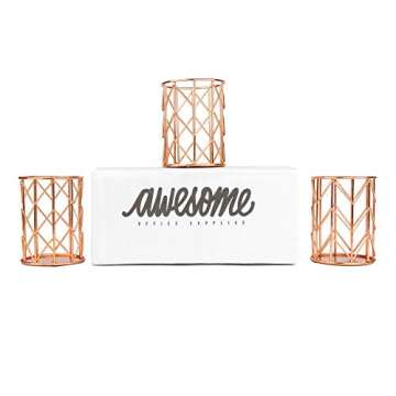 Rose Gold Pencil Holder Set of 3 - Sturdy Metal Rose Gold Pen Holder for Dorm & Office - Women's Desk Organizer Rose Gold Doubles as Makeup Brush Holder