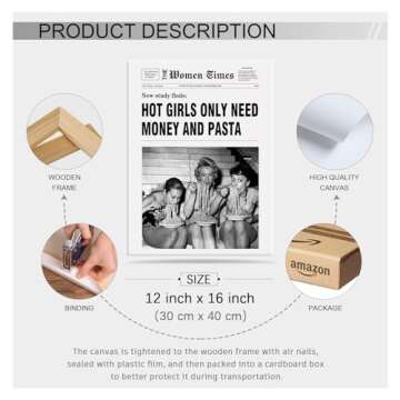 DOLJKCS Black And White Newspaper Wall Art Vintage Room Decor Aesthetic Poster Funky Hot Girl Eating Pasta Canvas Prints for Italian Kitchen Girly Bedroom 12x16 Inch Unframed