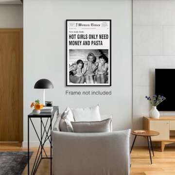 DOLJKCS Black And White Newspaper Wall Art Vintage Room Decor Aesthetic Poster Funky Hot Girl Eating Pasta Canvas Prints for Italian Kitchen Girly Bedroom 12x16 Inch Unframed