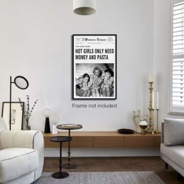 DOLJKCS Black And White Newspaper Wall Art Vintage Room Decor Aesthetic Poster Funky Hot Girl Eating Pasta Canvas Prints for Italian Kitchen Girly Bedroom 12x16 Inch Unframed