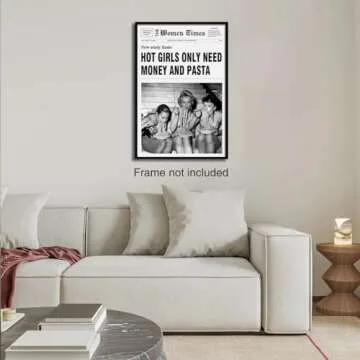 DOLJKCS Black And White Newspaper Wall Art Vintage Room Decor Aesthetic Poster Funky Hot Girl Eating Pasta Canvas Prints for Italian Kitchen Girly Bedroom 12x16 Inch Unframed