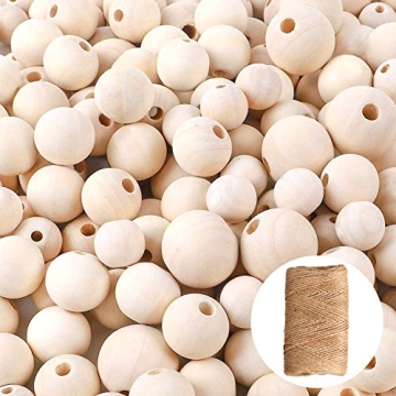 ALEXCRAFT 400PCS Unfinished Wood Beads Natural Round Wooden Spacer Beads with 164 Feet Jute Twine fo...