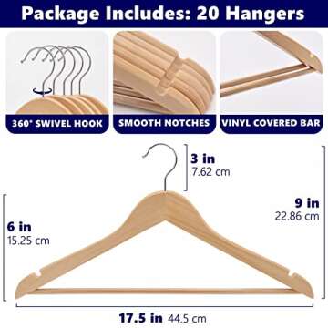 Amber Home 20 Pack Wooden Coat Hangers, Natural Wood Suit Hangers with Non Slip Pant Bar, Clothes Ha...