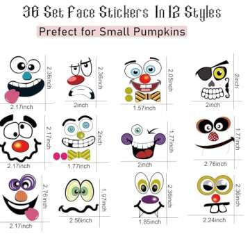 OuMuaMua 36 Packs Halloween Pumpkin Decorating Stickers, 18 Sheet Pumpkin Face Stickers in 12 Designs for Halloween Party Supplies Trick or Treat Party Favors