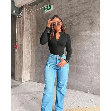 OQQ Women's 2 Piece Bodysuits Sexy Ribbed One Piece Zip Front Long Sleeve Tops Bodysuits Black Beige