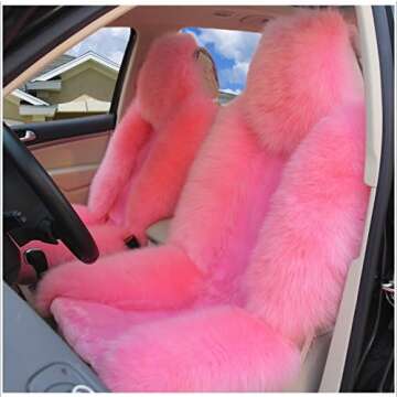 IMQOQ A Pair 50% Genuine Sheepskin Fur Car 2 Front Seat Covers Set Winter Warm Universal Pink…
