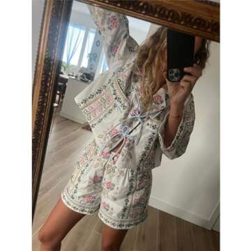 Thopavenoir Women's 2 Piece Floral/Stripe Print Pajamas Sets Long Sleeve Tie Front Shirt + Wide Leg Shorts Outfits Sleepwear (White, L)