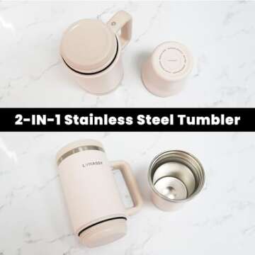 LVNASST Tumbler with Handle and Straw Lid, 2-IN-1 Reusable Coffee Travel Mug Leakproof, Insulated Stainless Steel Water Bottle Cup Holder Friendly, 30 oz Top & 10 oz Bottom, Light Pink