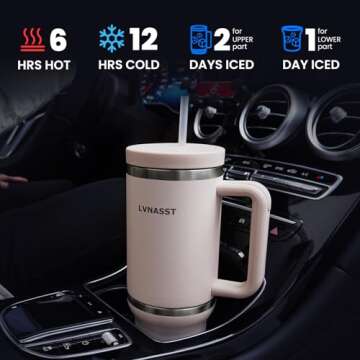LVNASST Tumbler with Handle and Straw Lid, 2-IN-1 Reusable Coffee Travel Mug Leakproof, Insulated Stainless Steel Water Bottle Cup Holder Friendly, 30 oz Top & 10 oz Bottom, Light Pink