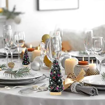 Winlyn 3 Pack Artificial Mini Tabletop Christmas Trees Tiny Frosted Bottle Brush Trees Decorated Small Sisal Trees with White Snow and Colorful Beads Winter Holiday Miniature Décor Assorted Sizes