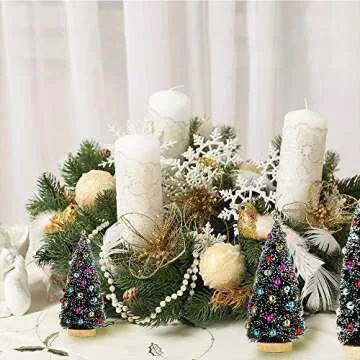 Winlyn 3 Pack Artificial Mini Tabletop Christmas Trees Tiny Frosted Bottle Brush Trees Decorated Small Sisal Trees with White Snow and Colorful Beads Winter Holiday Miniature Décor Assorted Sizes