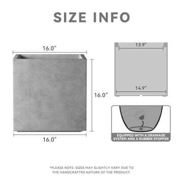 Kante 16 Inch Square Concrete Planter for Outdoor Indoor Home Patio Garden, Large Plant Pot with Dra...