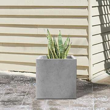 Kante 16 Inch Square Concrete Planter for Outdoor Indoor Home Patio Garden, Large Plant Pot with Drainage Hole and Rubber Plug, Natural Concrete