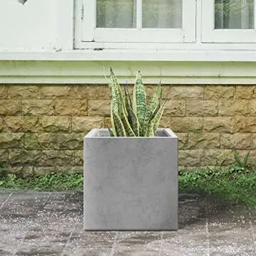 Kante 16 Inch Square Concrete Planter for Outdoor Indoor Home Patio Garden, Large Plant Pot with Drainage Hole and Rubber Plug, Natural Concrete