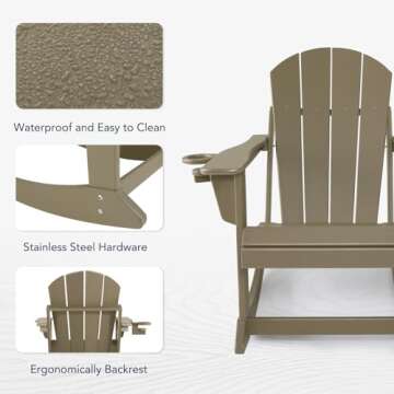 ABCPATIO Plastic Adirondack Chair - Rocking Adirondack Chairs with Cup Holder, Weather Resistant Seating for Patio, Porch, Deck, Pool, Garden, Backyard(Seat Width 21.6", Light Brown)