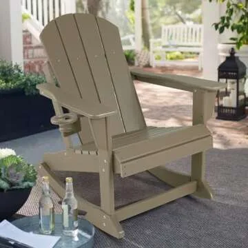 ABCPATIO Plastic Adirondack Chair - Rocking Adirondack Chairs with Cup Holder, Weather Resistant Seating for Patio, Porch, Deck, Pool, Garden, Backyard(Seat Width 21.6", Light Brown)
