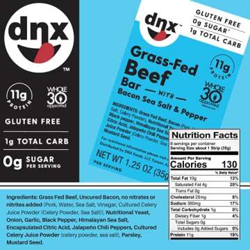 DNX Bar Grass Fed Beef Uncured Bacon Sea Salt & Pepper (8 Pack)-High Protein Meat Snack, Keto, Paleo, Whole30, Gluten-Free, Dairy-Free, Grain-Free, Nitrate-Free, Non-GMO, Low Carb