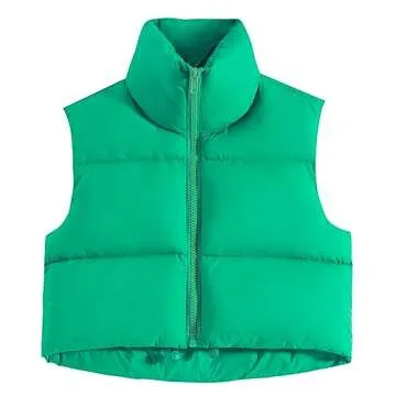 Fuinloth Women's Padded Vest, High Stand Collar Lightweight Zip Crop Puffy Gilet Bright Green M
