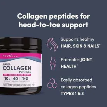 NeoCell Super Collagen Peptides, 10g Collagen Peptides per Serving, Gluten Free, Keto Friendly, Non-GMO, Grass Fed, Healthy Hair, Skin, Nails and Joints, Unflavored Powder, 14.1 oz., 1 Canister